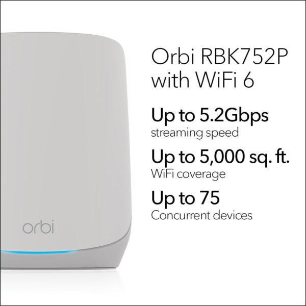 NETGEAR Orbi Whole Home Tri-Band WiFi 6 Mesh Network System (RBK752P) – Router with 1 Satellite Extender, Security Features, Coverage up to 5,000 sq. ft., 75 Devices, AX5200 802.11ax (Up to 5.2Gbps) - Image 2