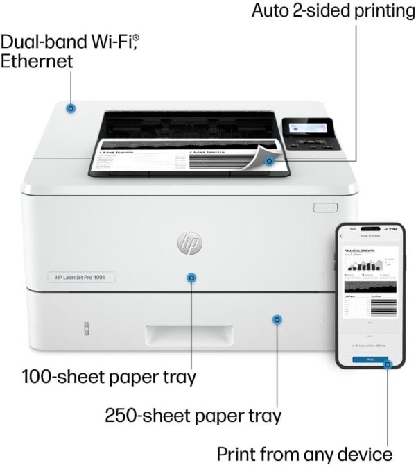 HP LaserJet Pro 4001dw Wireless Black & White Printer, Best-for-Office (2Z601F) - Image 4