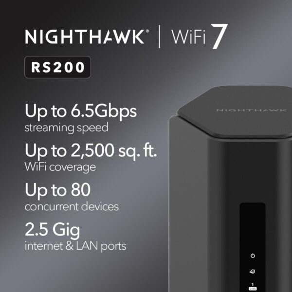 NETGEAR Nighthawk Dual-Band WiFi 7 Router (RS200) – Security Features, BE6500 Wireless Speed (up to 6.5Gbps) - Covers up to 2,500 sq. ft., 80 Devices – 2.5 Gig Internet Port - Image 2