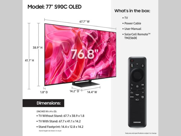 SAMSUNG 77-Inch Class OLED 4K S90C Series Quantum HDR, Dolby Atmos Object Tracking Sound Lite, Ultra Thin, Q-Symphony 3.0, Gaming Hub, Smart TV with Alexa Built-in (QN77S90C, 2023 Model) - Image 2