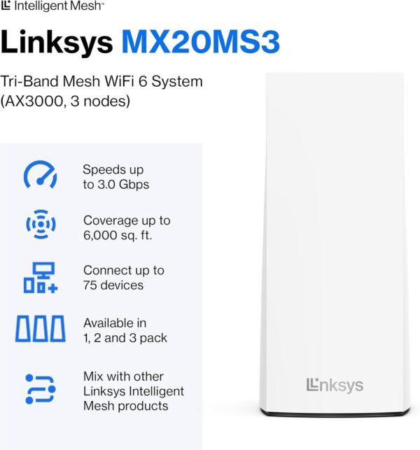 Linksys Atlas WiFi 6 Router Home WiFi Mesh System, Dual-Band, 6,000 Sq. ft Coverage, 802.11ax, 75+ Devices, Speeds up to (AX3000) 3.0Gbps - MX2000 3-Pack - Image 2