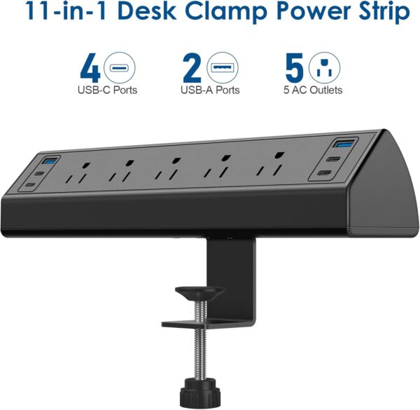 Desk Clamp Power Strip USB C,40W Total Fast Charging Station,4 PD 20W USB C Ports,Desk Edge Mount Power Strip 6 USB Ports 5 AC Outlets Surge Protector,6ft Cord,Fit 1.96" Tabletop Edge - Image 6
