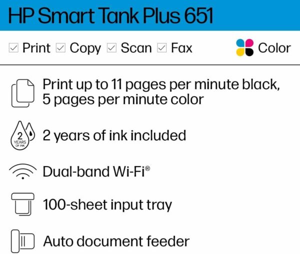 HP Smart -Tank Plus 651 Wireless All-in-One Ink -Tank Printer, up to 2 Years of Ink in Bottles, Auto Document Feeder, Mobile Print, Scan, Copy, Works with Alexa (7XV38A) - Image 2