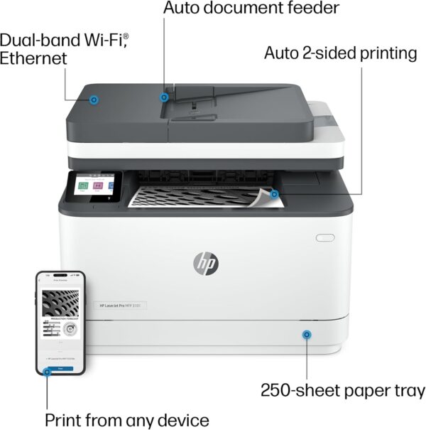 HP LaserJet Pro MFP 3101fdw Wireless Black & White All-in-One Laser Printer, Scanner, Copier, Fax, Best-for-Office (3G628F) - Image 4