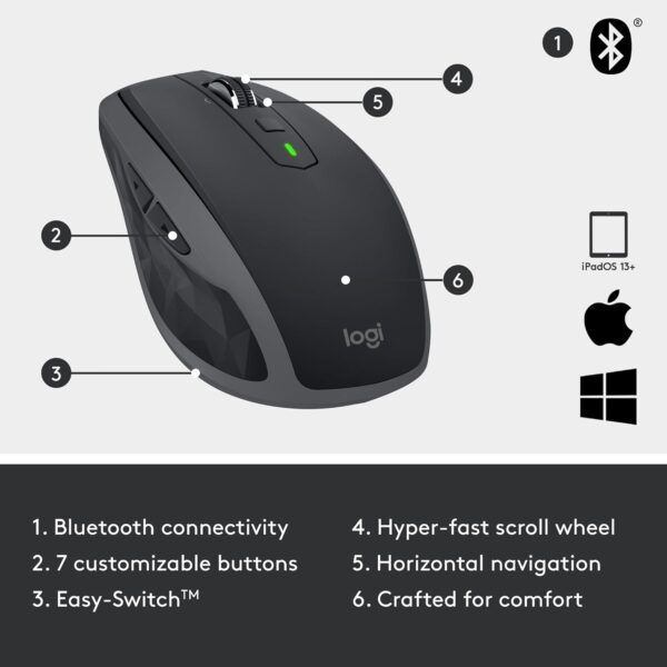 Logitech MX Anywhere 2S Bluetooth Edition Wireless Mouse - Use On Any Surface, Hyper-Fast Scrolling, Rechargeable, Control Up to 3 Apple Mac and Windows Computers and Laptops - Image 6