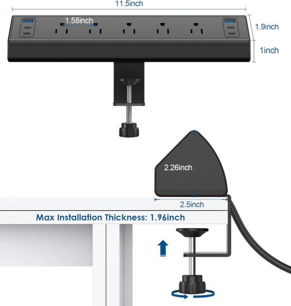 Desk Clamp Power Strip USB C,40W Total Fast Charging Station,4 PD 20W USB C Ports,Desk Edge Mount Power Strip 6 USB Ports 5 AC Outlets Surge Protector,6ft Cord,Fit 1.96" Tabletop Edge - Image 7