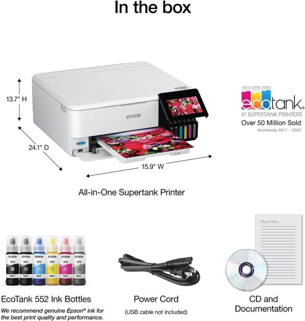 Epson EcoTank Photo ET-8500 Wireless Color All-in-One Supertank Printer with Scanner, Copier, Ethernet and 4.3-inch Color Touchscreen, White, Large - Image 5