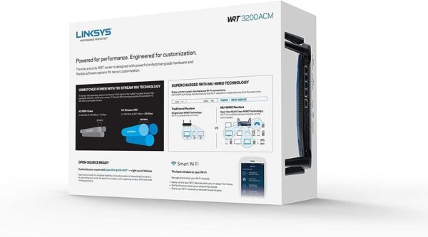 Linksys WRT3200ACM AC3200 Dual-Band Gigabit Wi-Fi Router, Beamforming Tri-Stream Wireless Signal, Ethernet Ports, MU-MIMO (Black, Blue) - Image 3