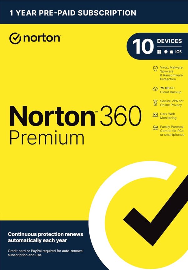 Norton 360 Premium 2025, Antivirus software for 10 Devices with Auto Renewal - Includes VPN, PC Cloud Backup & Dark Web Monitoring [Key card]