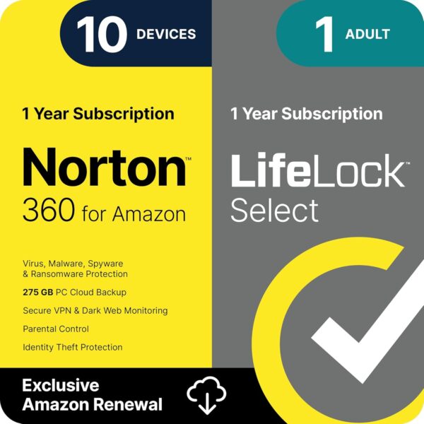 Norton 360 with LifeLock Select Bundle, 1 Year Subscription - 10 Devices - All-in-One Protection for your Devices, Online Privacy, and Identity, Activation Required [Subscription]