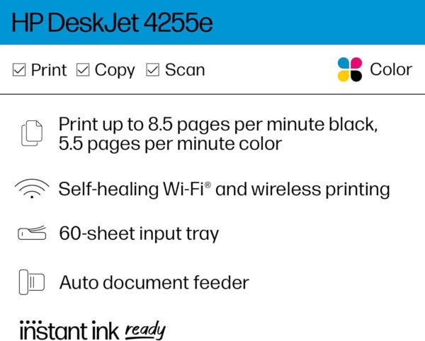 HP DeskJet 4255e Wireless All-in-One Color Inkjet Printer, Scanner, Copier, Best-for-Home, 3 Months of Instant Ink Included (588S6A) - Image 2