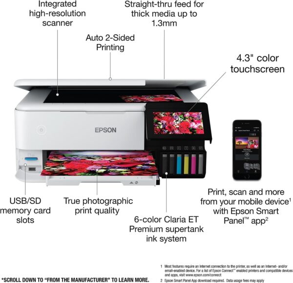 Epson EcoTank Photo ET-8500 Wireless Color All-in-One Supertank Printer with Scanner, Copier, Ethernet and 4.3-inch Color Touchscreen, White, Large - Image 3