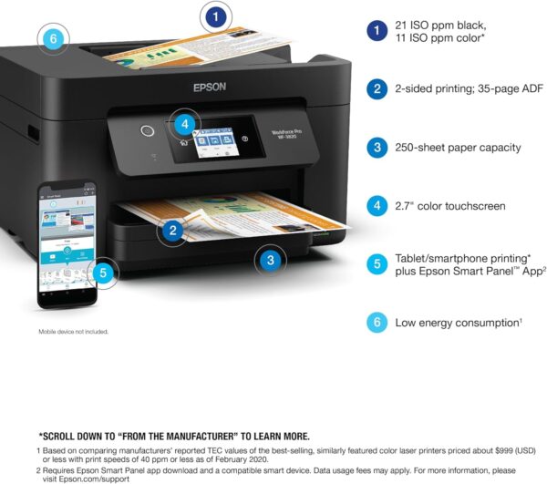 Epson WorkForce Pro WF-3820 Wireless All-in-One Printer with Auto 2-sided Printing, 35-page ADF, 250-sheet Paper Tray and 2.7" Color Touchscreen, Works with Alexa - Image 4