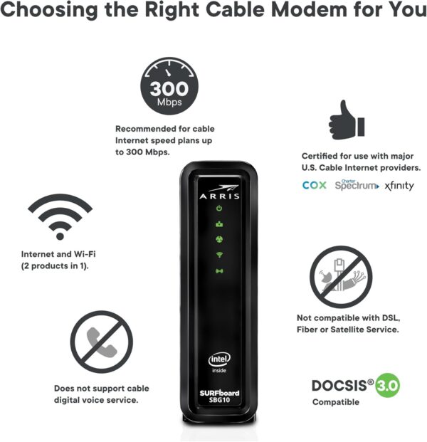 ARRIS (SBG10) - Cable Modem Router Combo - Fast DOCSIS 3.0 16 x 4 Gigabit & AC1600 WiFi, For Comcast Xfinity, Cox, Spectrum, 400 Mbps Max Internet Speeds - Image 2