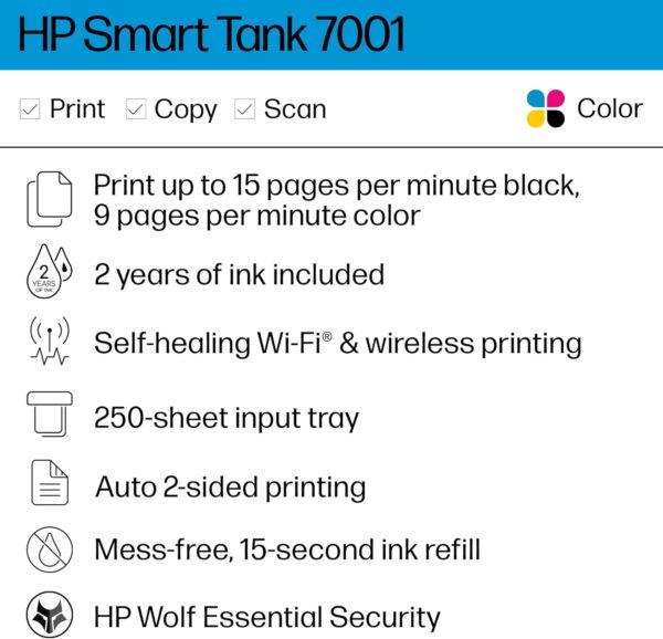 HP Smart -Tank 7001 Wireless All-in-One Cartridge-free Ink -Tank Printer, up to 2 years of ink included, mobile print, scan, copy (28B49A) - Image 2