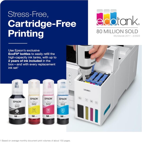 Epson EcoTank ET-2850 Wireless Color All-in-One Cartridge-Free Supertank Printer with Scan, Copy and Auto 2-Sided Printing - White, Medium - Image 3