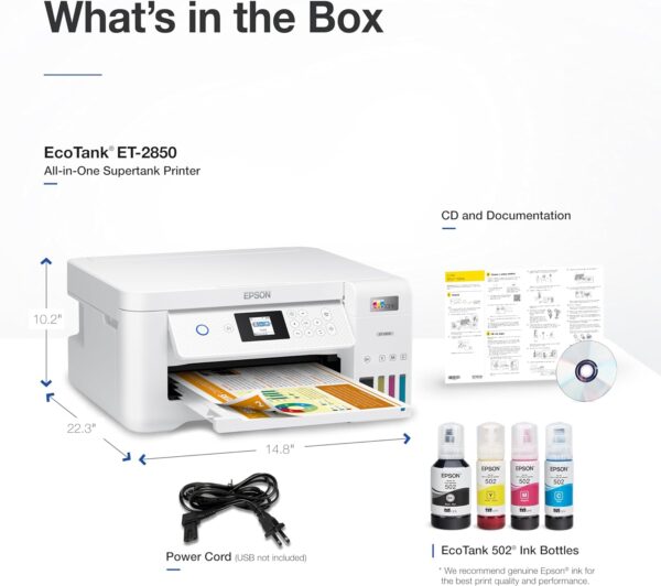Epson EcoTank ET-2850 Wireless Color All-in-One Cartridge-Free Supertank Printer with Scan, Copy and Auto 2-Sided Printing - White, Medium - Image 6