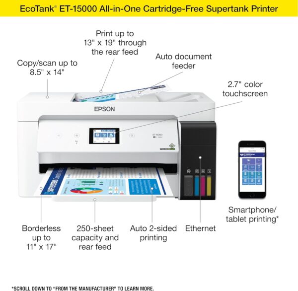 Epson EcoTank ET-15000 Wireless Color All-in-One Supertank Printer with Scanner, Copier, Fax, Ethernet and Printing up to 13 x 19 Inches, White - Image 3