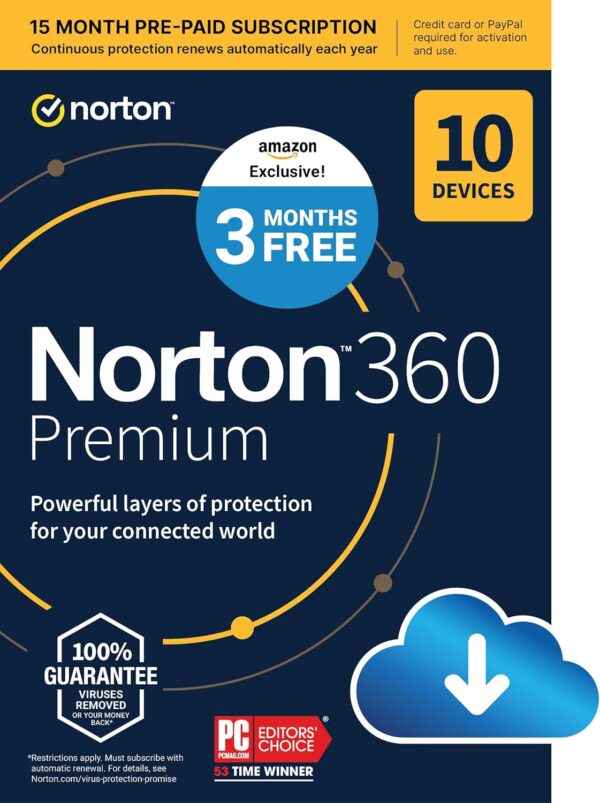 Norton 360 Premium, 2024 Ready, Antivirus software for 10 Devices with Auto Renewal - 3 Months FREE - Includes VPN, PC Cloud Backup & Dark Web Monitoring [Download]