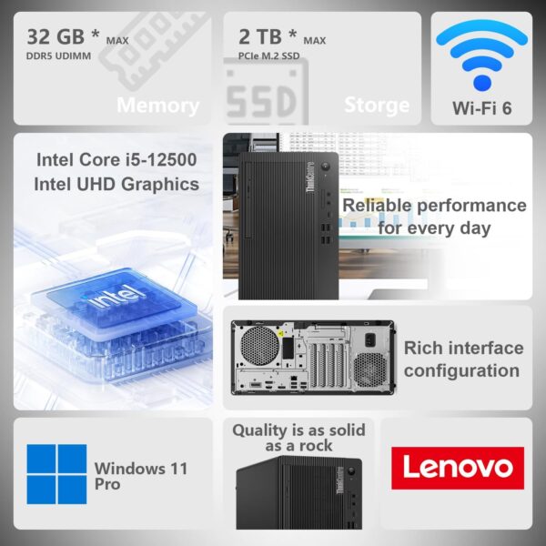 Lenovo ThinkCentre M90t Business Tower Desktop, Intel Hexa-core i5-12500 (Beat i7-11700), 32GB DDR5 RAM, 1TB SSD, HDMI, DP, DVD-RW, Wi-Fi 6, W11P, Bundle with UC310 64GB USB Flash Drive - Image 2