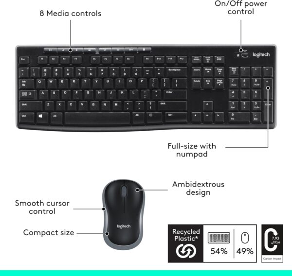 Logitech MK270 Wireless Keyboard And Mouse Combo For Windows, 2.4 GHz Wireless, Compact Mouse, 8 Multimedia And Shortcut Keys, For PC, Laptop - Black - Image 7