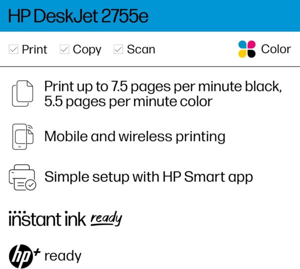HP DeskJet 2755e Wireless Color inkjet-printer, Print, scan, copy, Easy setup, Mobile printing, Best-for home, 6 months of Instant Ink included, white - Image 2