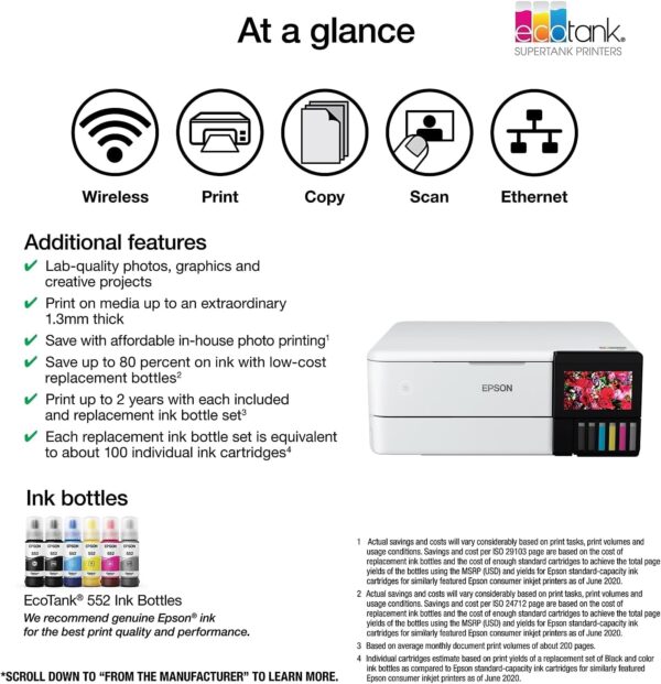 Epson EcoTank Photo ET-8500 Wireless Color All-in-One Supertank Printer with Scanner, Copier, Ethernet and 4.3-inch Color Touchscreen, White, Large - Image 4