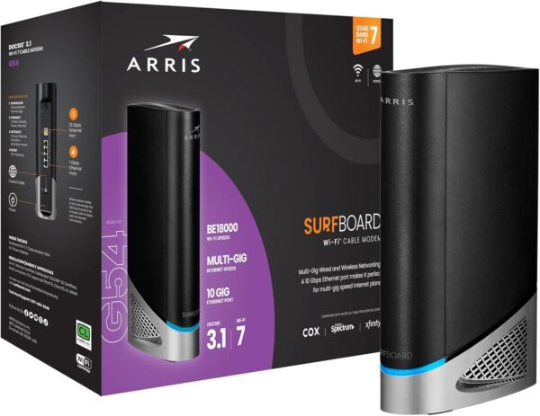 ARRIS (G54) - Cable Modem Router Combo - Fast DOCSIS 3.1 Multi-Gigabit & BE 18000 WiFi 7 Comcast Xfinity, Cox, Spectrum Quad-Band 1, Up to 18 Gbps Max Speed