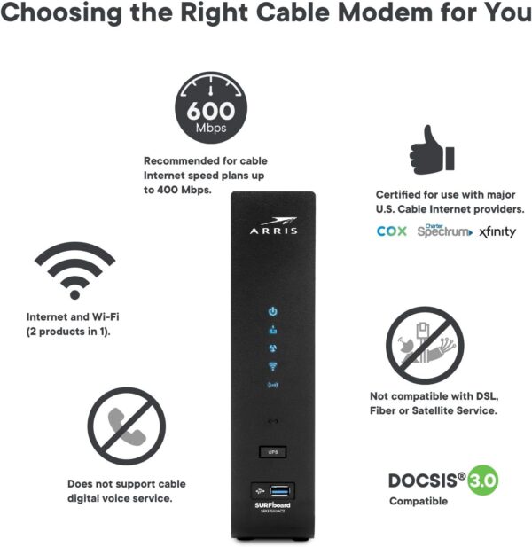ARRIS (SBG7600AC2) - Cable Modem Router Combo - Fast DOCSIS 3.0 & AC2350 WiFi ,Approved for Comcast Xfinity, Cox, Charter Spectrum & more , Four 1 Gbps Ports , 800 Mbps Max Internet Speeds - Image 6