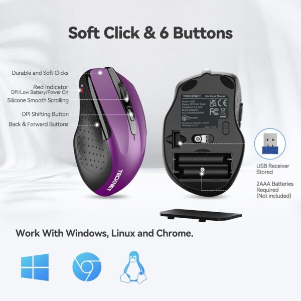TECKNET Wireless Mouse, 2.4G Ergonomic Optical Mouse, Computer Mouse for Laptop, PC, Computer, Chromebook, Notebook, 6 Buttons, 24 Months Battery Life, 2600 DPI, 5 Adjustment Levels - Image 6