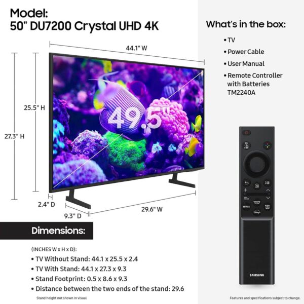 SAMSUNG 50-Inch Class Crystal UHD 4K DU7200 Series HDR Smart TV w/Object Tracking Sound Lite, PurColor, Motion Xcelerator, Mega Contrast, Q-Symphony (UN50DU7200, 2024 Model) - Image 2
