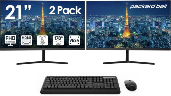Packard Bell airFrame 21" FHD Monitors + Wireless Keyboard & Mouse, VESA Mount Compatible, HDMI/VGA, Tilt, Slim Bezel, for Home, Office, Light Gaming – 2 Pack