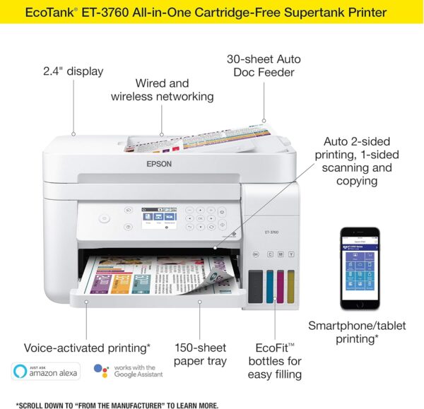 Epson EcoTank ET-3760 Wireless Color All-in-One Cartridge-Free Supertank Printer with Scanner, Copier and Ethernet, Regular - Image 3