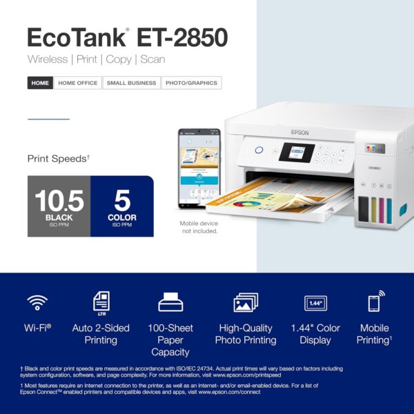Epson EcoTank ET-2850 Wireless Color All-in-One Cartridge-Free Supertank Printer with Scan, Copy and Auto 2-Sided Printing - White, Medium - Image 4
