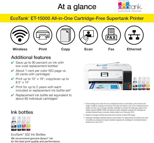 Epson EcoTank ET-15000 Wireless Color All-in-One Supertank Printer with Scanner, Copier, Fax, Ethernet and Printing up to 13 x 19 Inches, White - Image 4