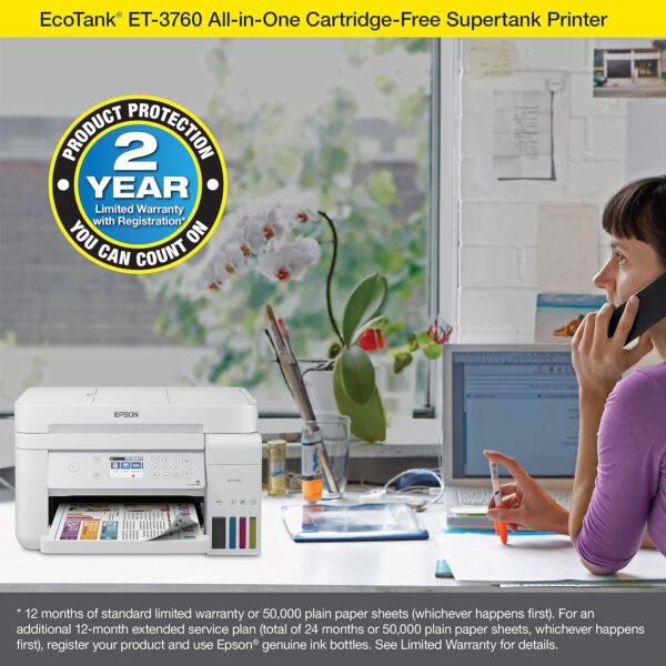 Epson EcoTank ET-3760 Wireless Color All-in-One Cartridge-Free Supertank Printer with Scanner, Copier and Ethernet, Regular - Image 4